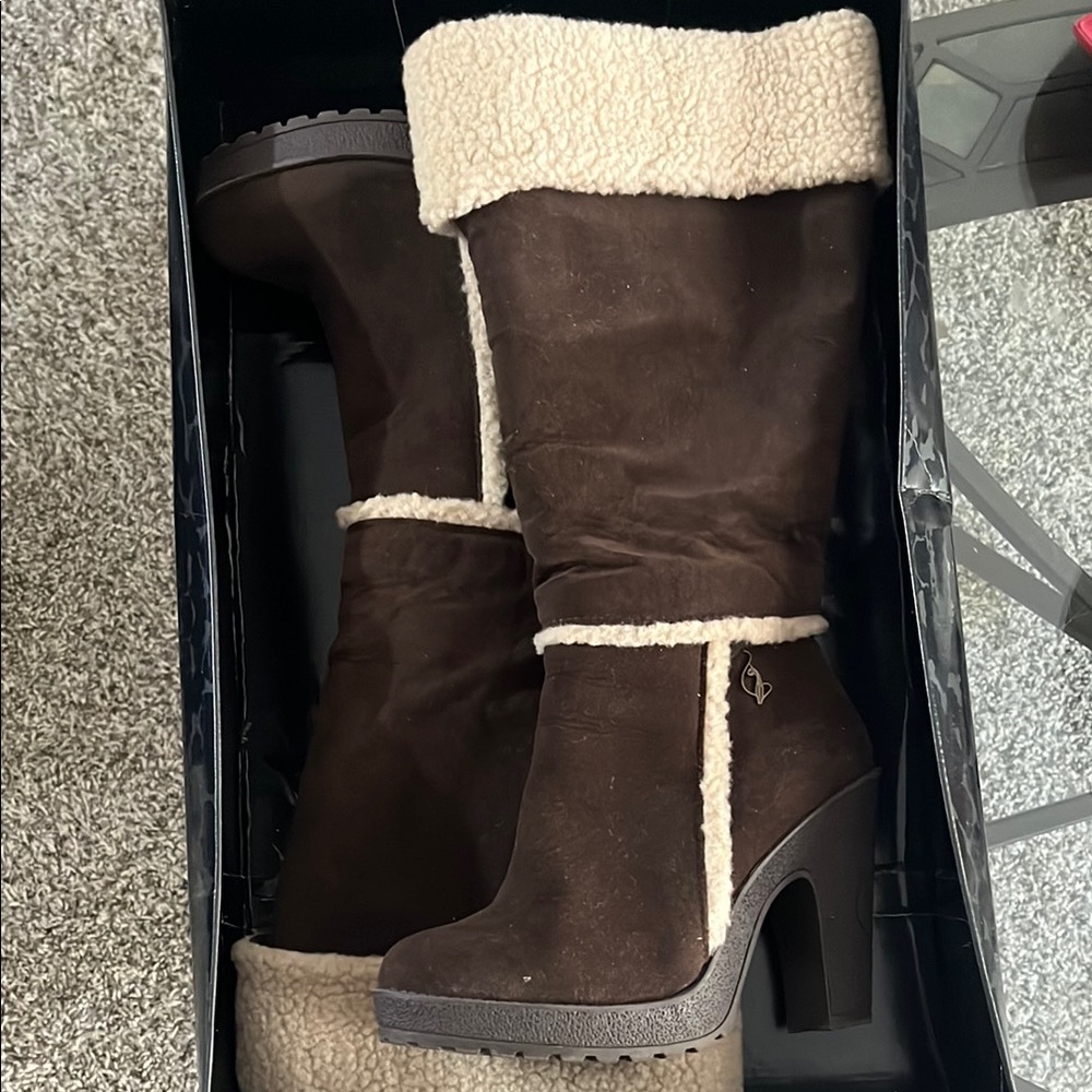 Baby Phat Brown and Cream Heeled Boots (worn once; still in original box)